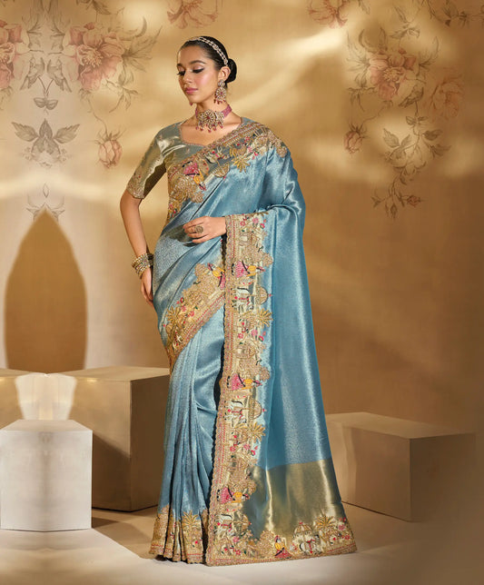 Teal Blue Silk Heavy Embroidery & Hand Work Saree