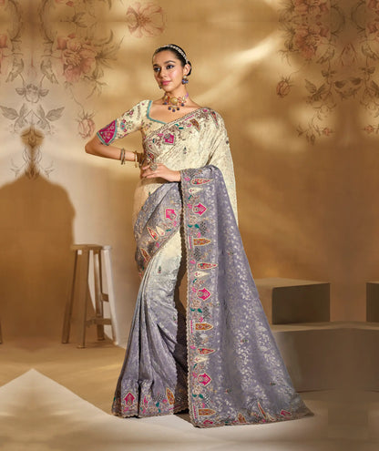 Beige-Grey Crepe Silk Heavy Embroidery & Hand Work Saree