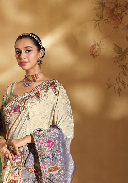 Beige-Grey Crepe Silk Heavy Embroidery & Hand Work Saree
