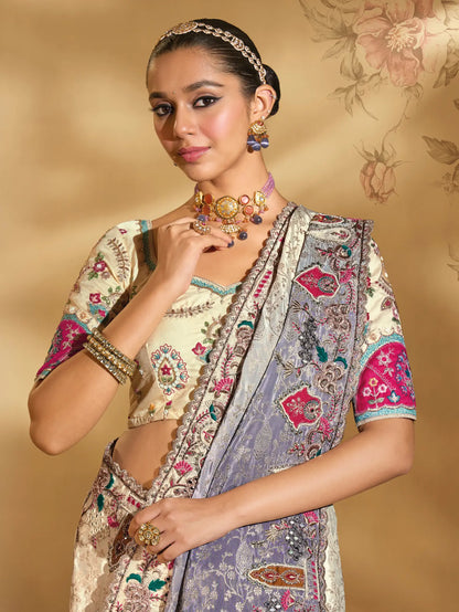 Beige-Grey Crepe Silk Heavy Embroidery & Hand Work Saree