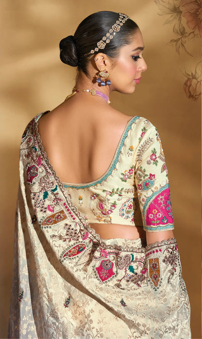Beige-Grey Crepe Silk Heavy Embroidery & Hand Work Saree
