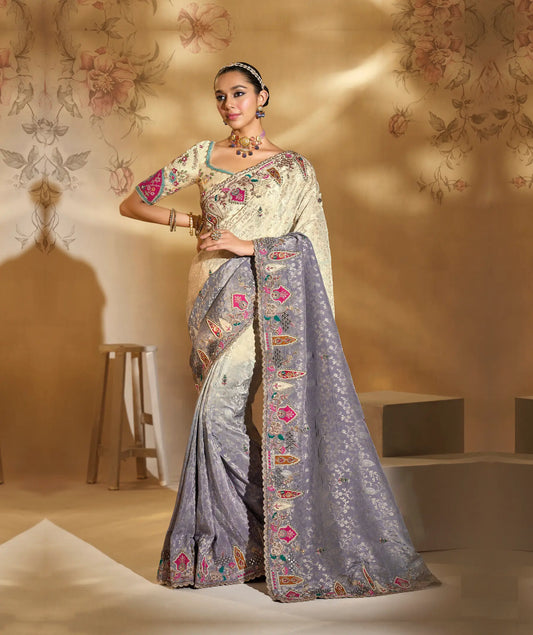 Beige-Grey Crepe Silk Heavy Embroidery & Hand Work Saree