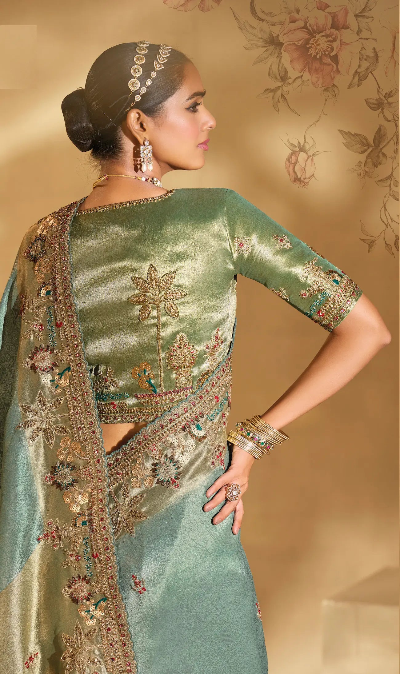 Smoky Green Silk Heavy Embroidery & Hand Work Saree