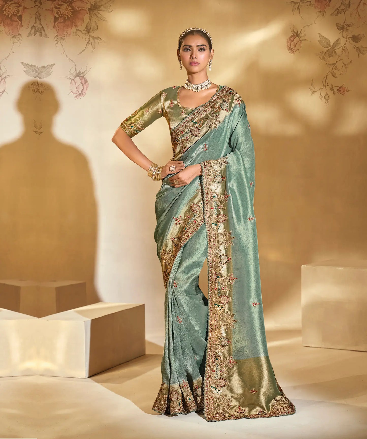 Smoky Green Silk Heavy Embroidery & Hand Work Saree