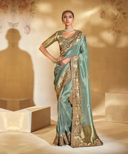 Smoky Green Silk Heavy Embroidery & Hand Work Saree
