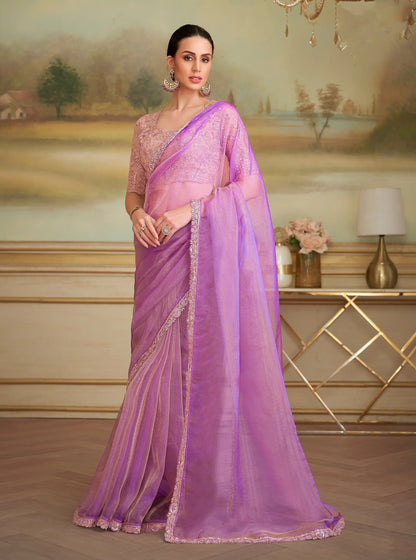 Lavender Pink Tissue Georgette Embroidery Saree