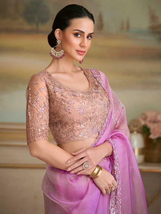 Lavender Pink Tissue Georgette Embroidery Saree