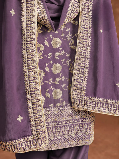Purple Dola Silk Palazzo Salwar Suit With Thread & Sequins Embroidery Work