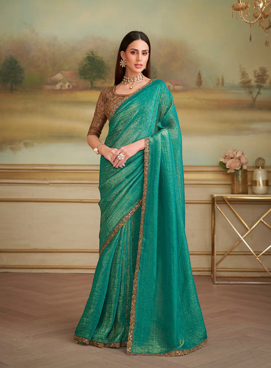 Teal Green Golden Georgette Embroidery Saree