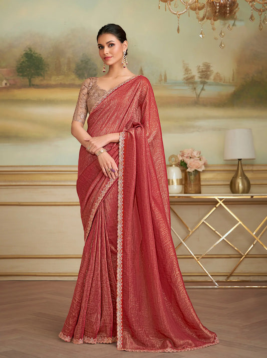 Rust Orange Golden Georgette Embroidery Saree