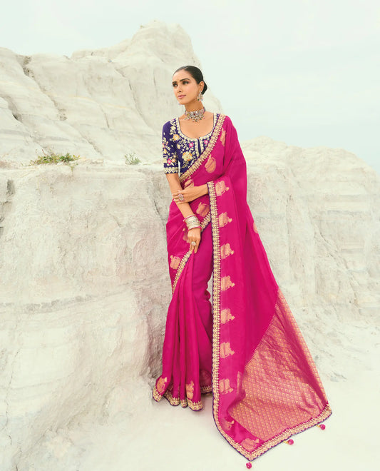Rani Pink Organza Satin Heavy Embroidery Saree