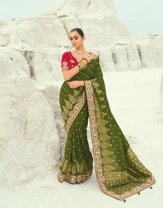 Mehendi Green Dola Silk Heavy Embroidery Saree