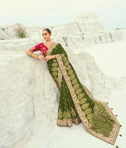 Mehendi Green Dola Silk Heavy Embroidery Saree
