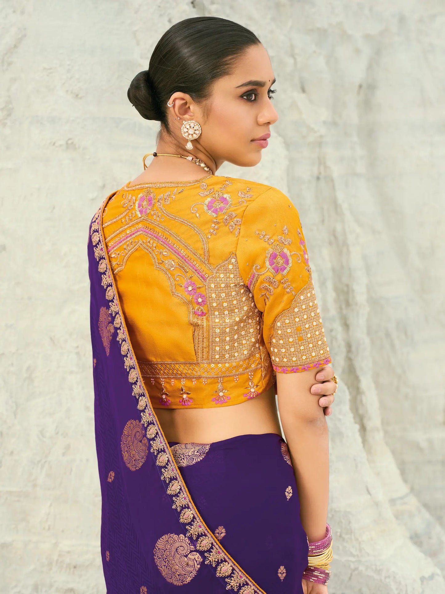 Plum Purple Organza Satin Heavy Embroidery Saree