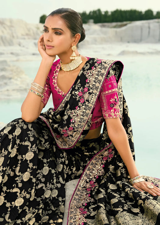 Smoky Black Dola Silk Heavy Embroidery Saree