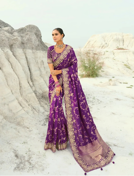 Dark Purple Dola Silk Heavy Embroidery Saree