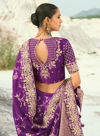 Dark Purple Dola Silk Heavy Embroidery Saree