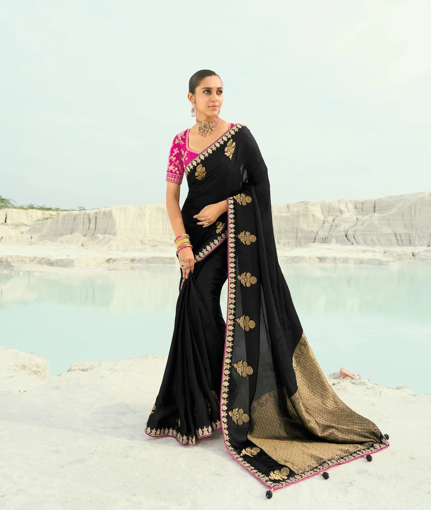 Rich Black Organza Satin Heavy Embroidery Saree