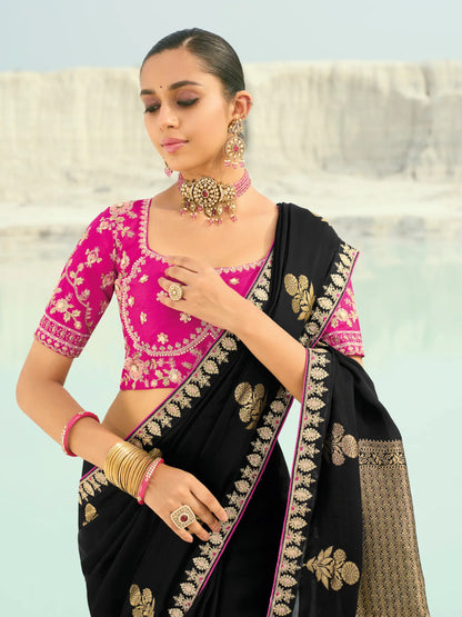 Rich Black Organza Satin Heavy Embroidery Saree