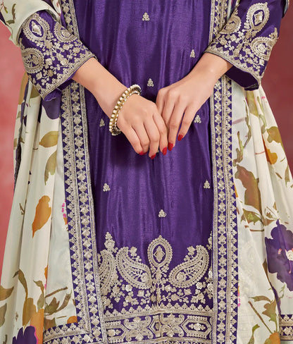 Purple Chinon Embroidery Salwar suit With Organza Dupatta