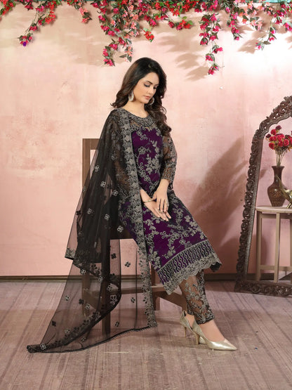 Wine Net Thread & Sequence Embroidery Work Salwar Suit