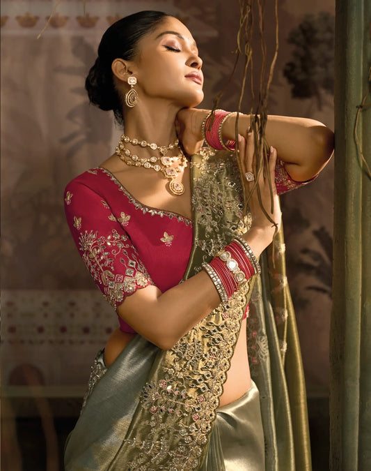 Olive Grey Silk Heavy Embroidery Saree