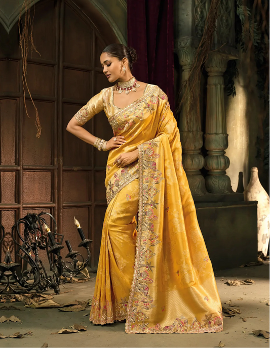 Mustard Yellow Silk Heavy Embroidery Saree