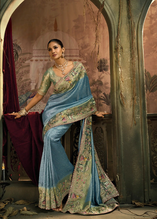 Sea Blue Silk Heavy Embroidery Saree