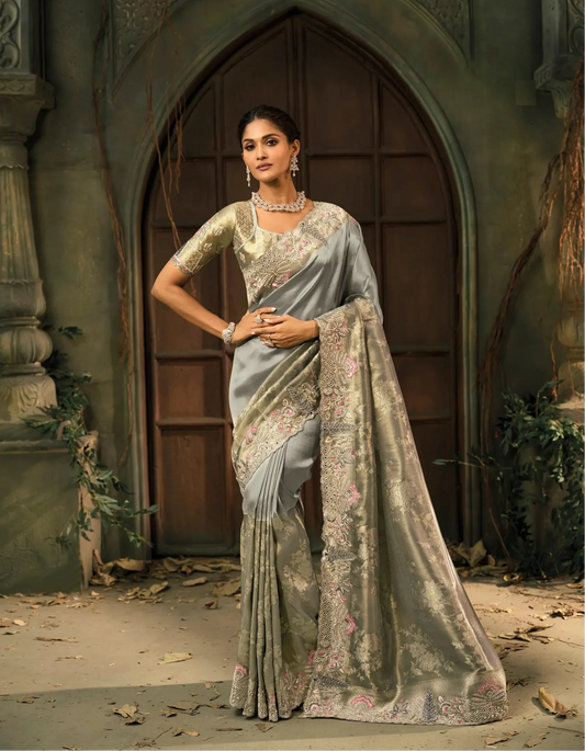 Steel Grey Silk Heavy Embroidery Saree