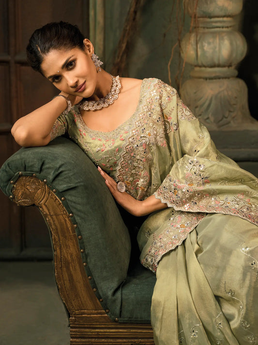 Pastel Green Silk Heavy Embroidery Saree