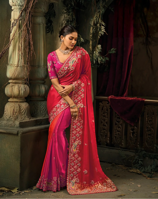 Rani Pink Silk Heavy Embroidery Saree