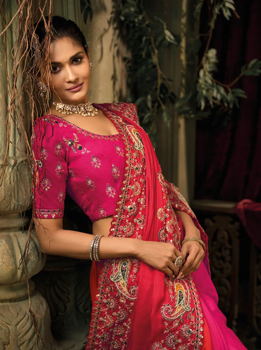 Rani Pink Silk Heavy Embroidery Saree