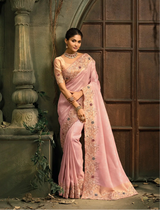Blush Pink Silk Heavy Embroidery Saree