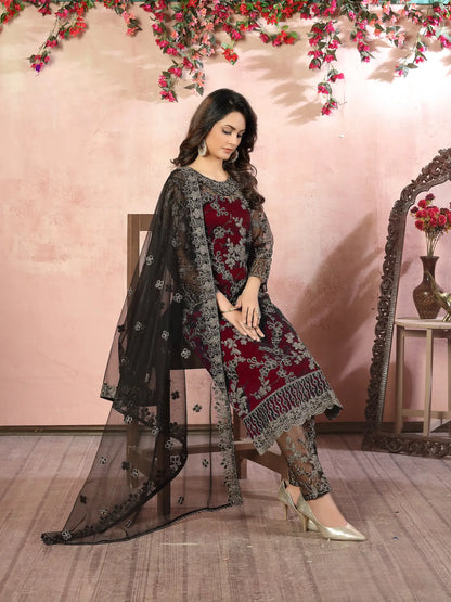 Maroon Net Thread & Sequence Embroidery Work Salwar Suit