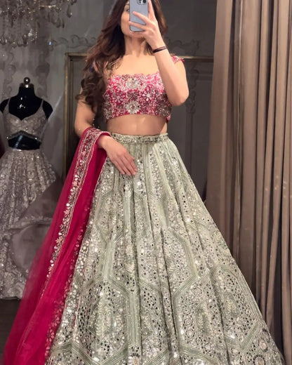 Grey And Pink Georgette Lehenga With Embroidery Coding Sequins Work