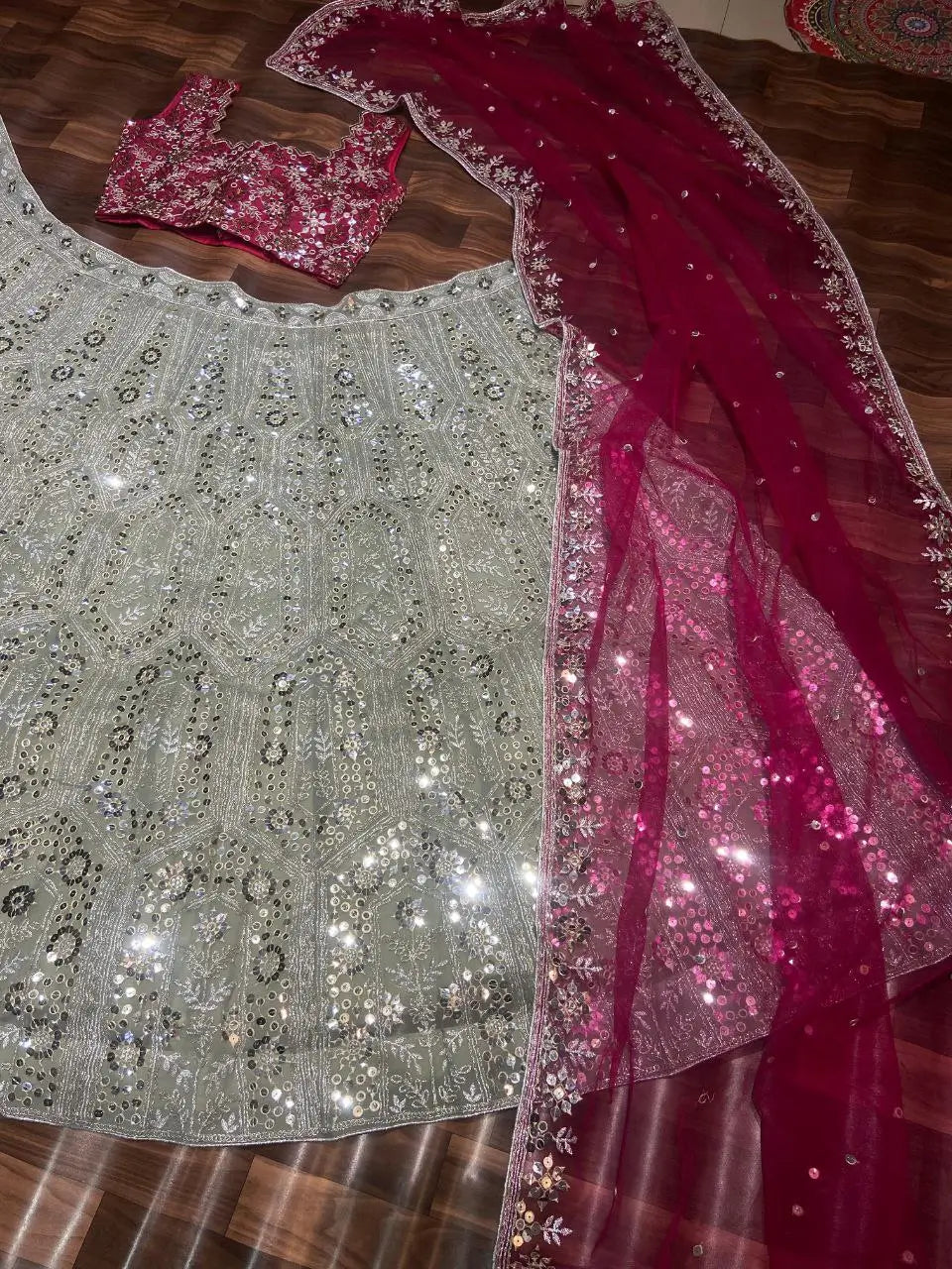 Grey And Pink Georgette Lehenga With Embroidery Coding Sequins Work