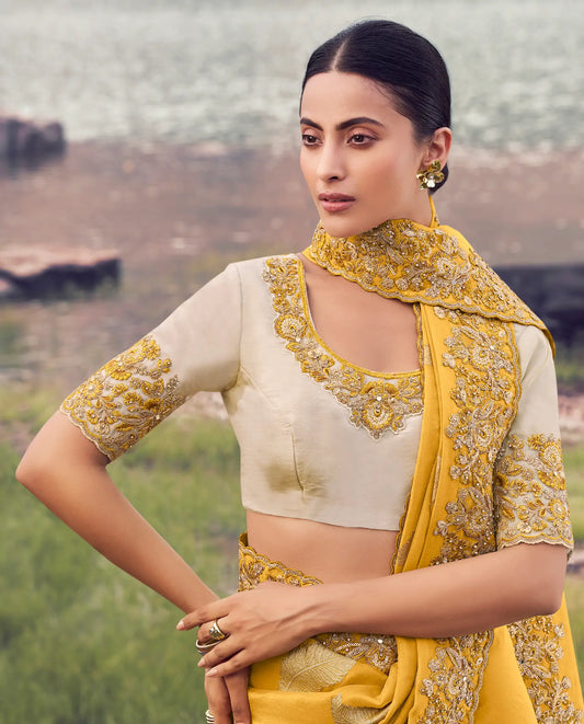 Amber Yellow Silk Heavy Embroidery & Hand Work Saree