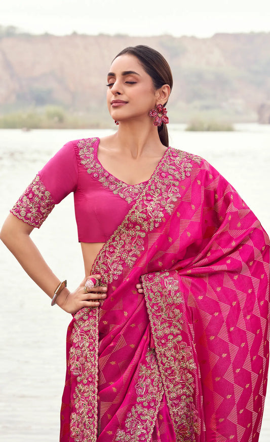 Rani Pink Silk Heavy Embroidery & Hand Work Saree