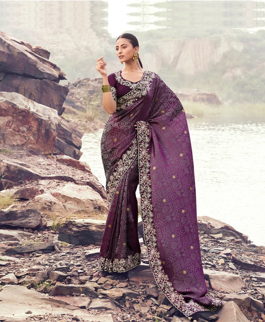 Wine Berry Silk Heavy Embroidery & Hand Work Saree