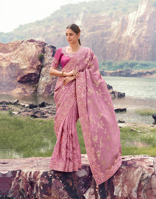Dusty Pink Silk Heavy Embroidery & Hand Work Saree