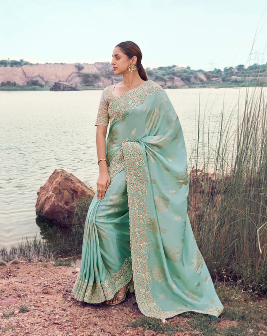 Sky Blue Silk Heavy Embroidery & Hand Work Saree