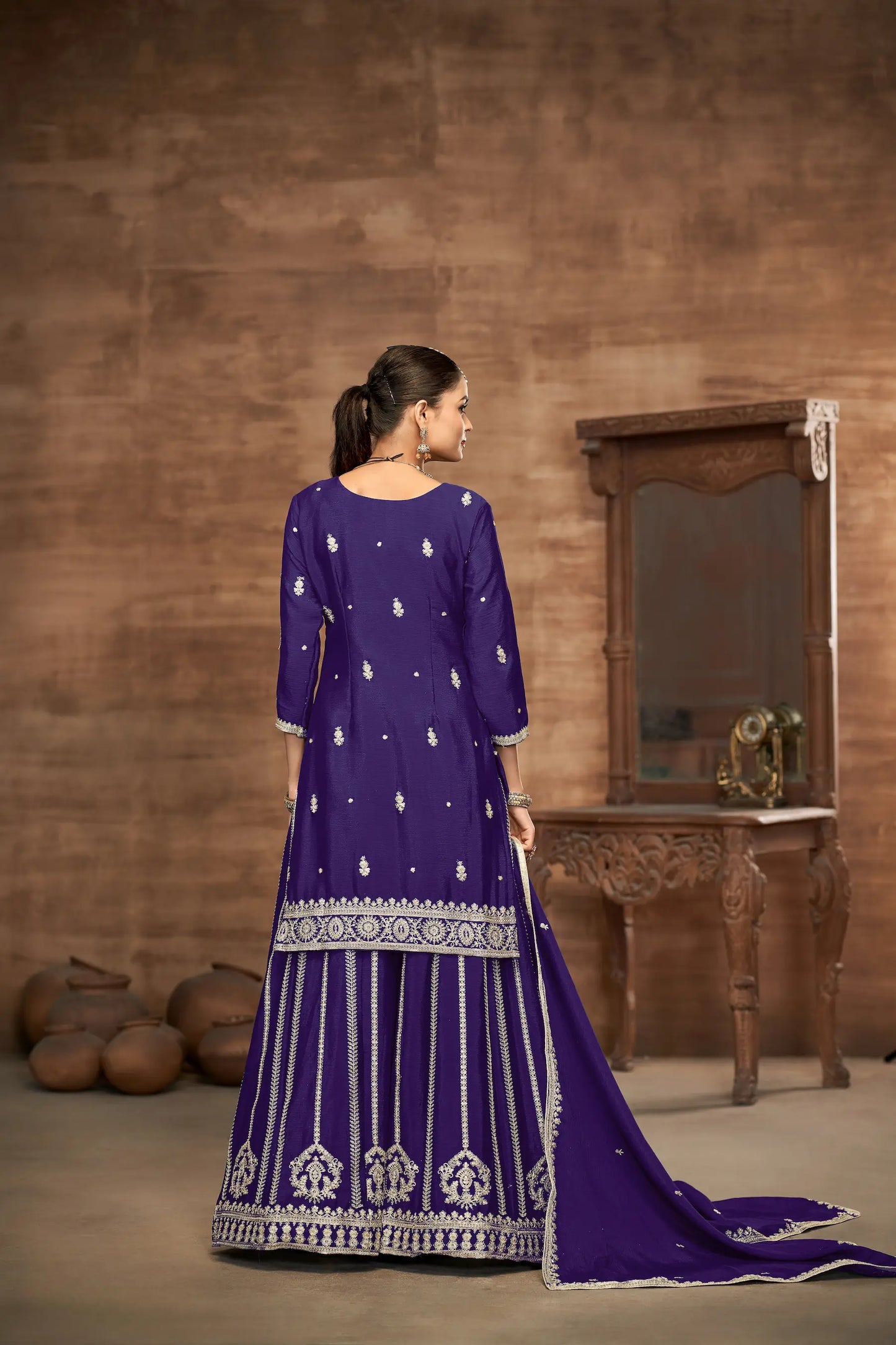 Purple Chinon Palazzo Salwar Suit With Thread & Sequins Embroidery Work