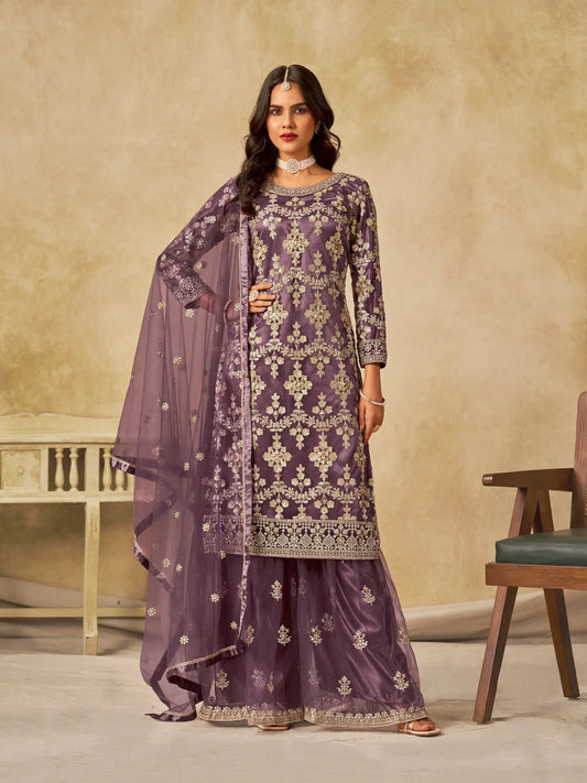 Dull Purple Net Palazzo Suit With Sequins Embroidery