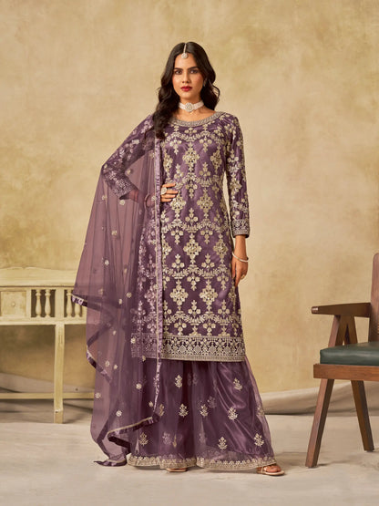 Dull Purple Net Palazzo Suit With Sequins Embroidery