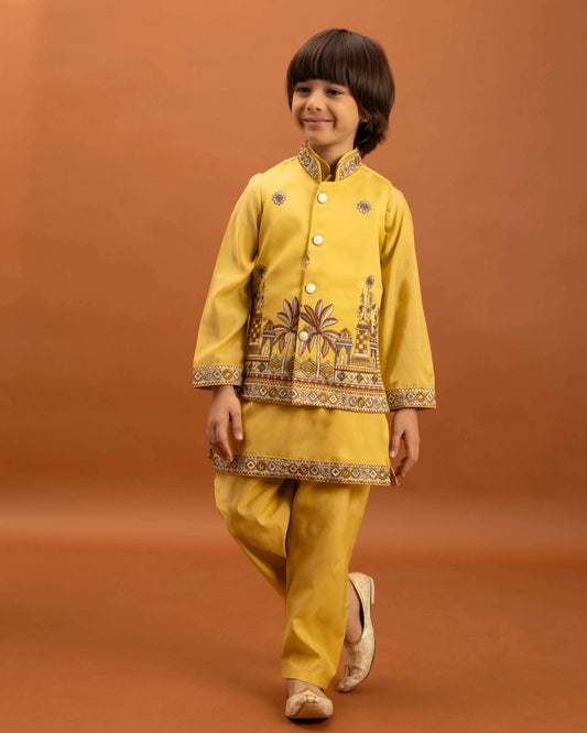 Yellow Kurta Set With Thread Sequins Embroidery Work Koti
