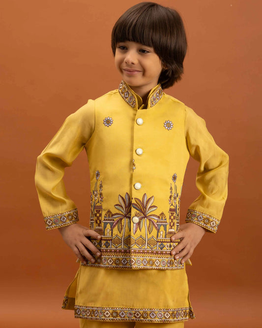 Yellow Kurta Set With Thread Sequins Embroidery Work Koti