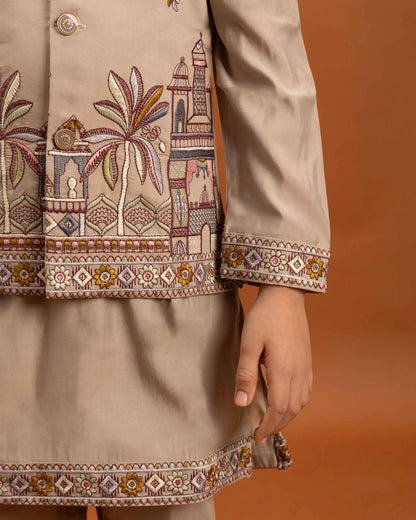 Beige Kurta Set With Thread Sequins Embroidery Work Koti