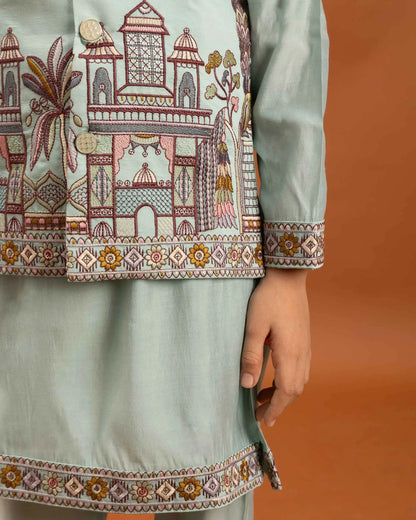 Sky Kurta Set With Thread Sequins Embroidery Work Koti