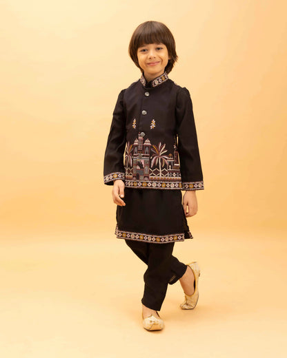 Black Kurta Set With Thread Sequins Embroidery Work Koti