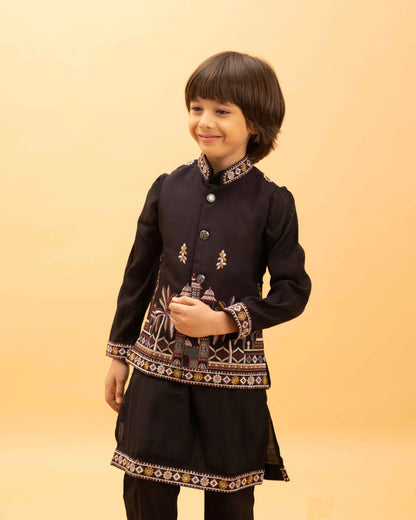 Black Kurta Set With Thread Sequins Embroidery Work Koti